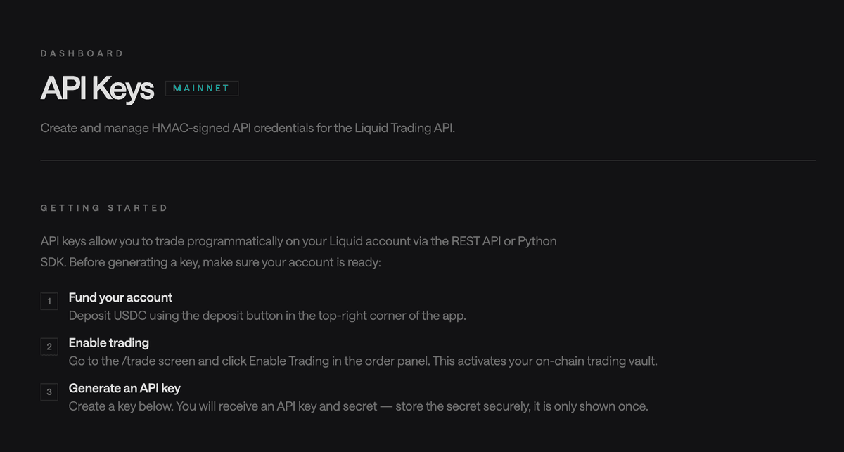 API keys management screen