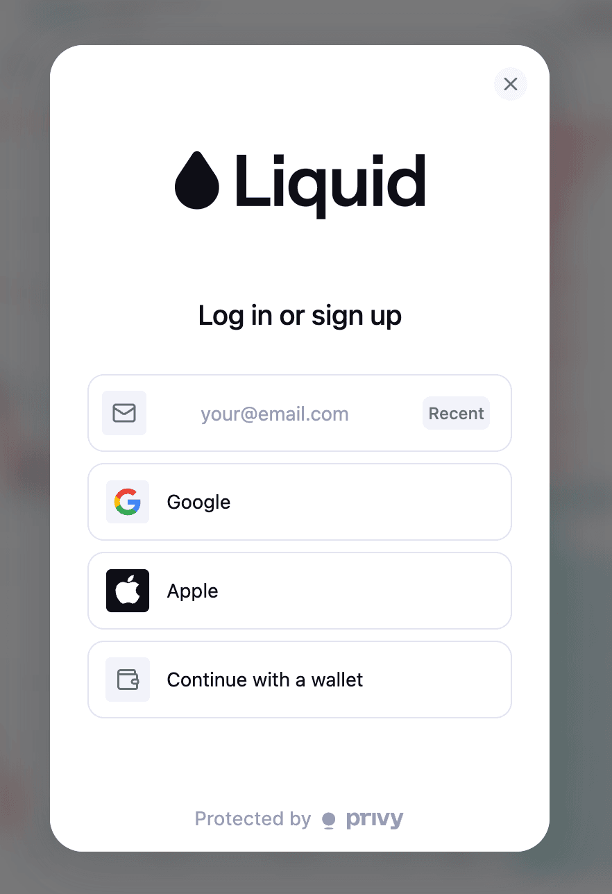 Liquid sign-up screen
